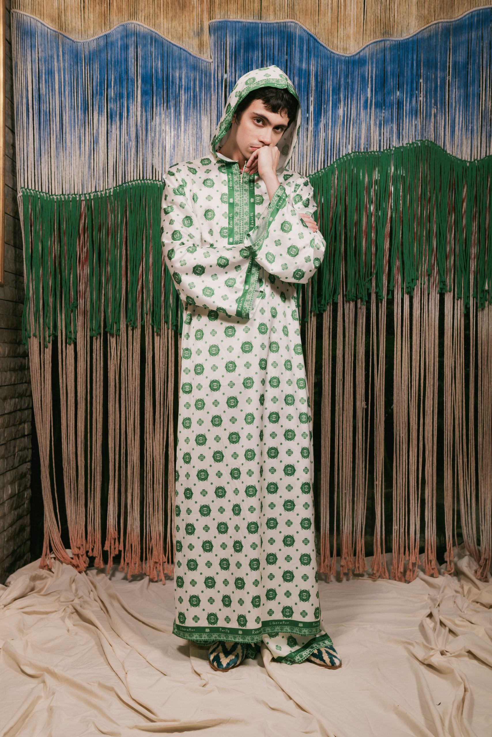 Lotus Kaftan Capuchong in White - Green - Image 2